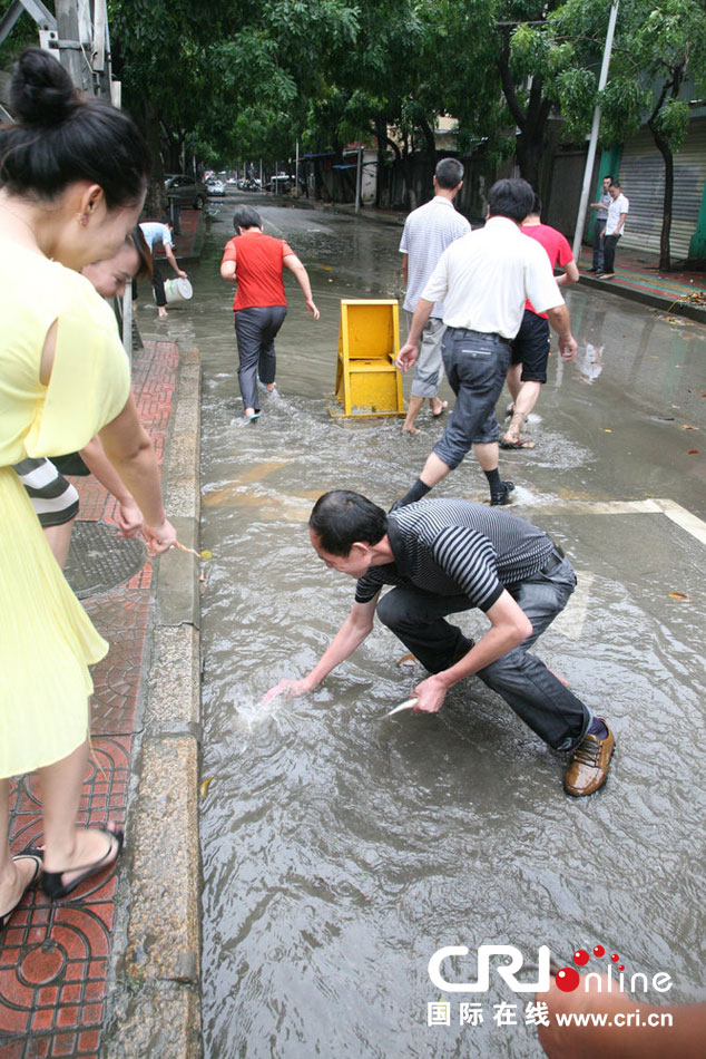 臺(tái)風(fēng)過(guò)后廈門(mén)城區(qū)積水 市民“渾水摸魚(yú)”收獲豐