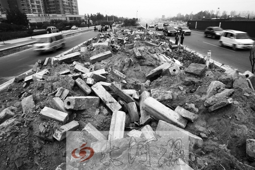 中州大道部分路段，綠化帶成了垃圾場(chǎng)。