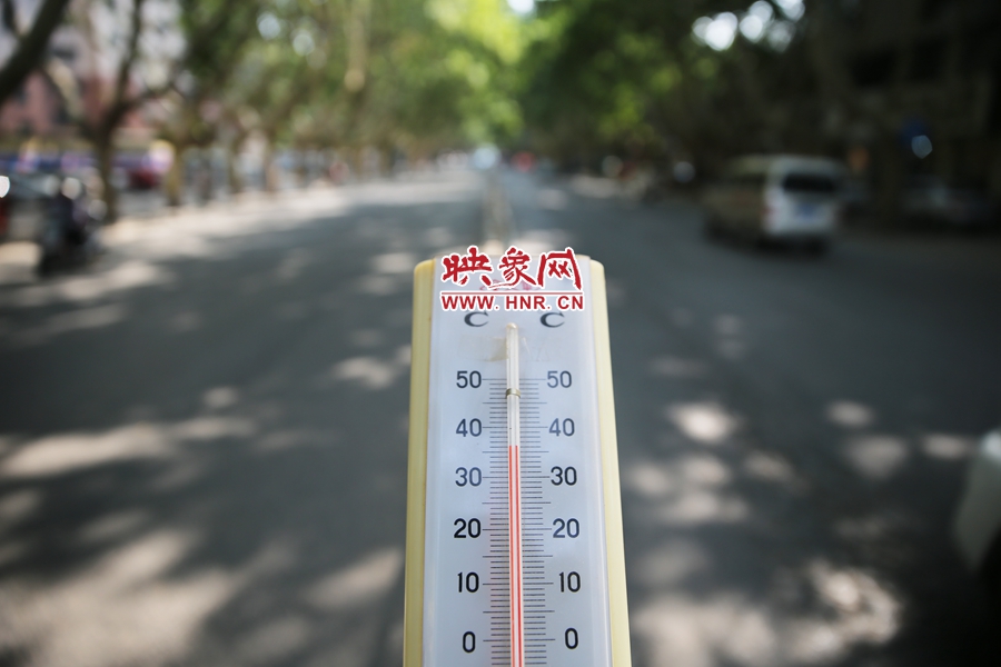 7月8日下午15時(shí)30分，人民路樹陰處溫度為36度，比人防納涼處高11度。