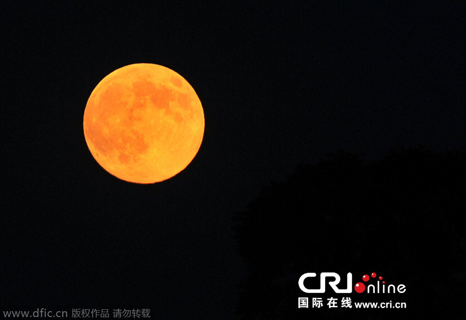 8月10日晚，一輪金燦燦的大月亮在遼寧省大連市東方升起。圖片來源：劉德斌/東方IC